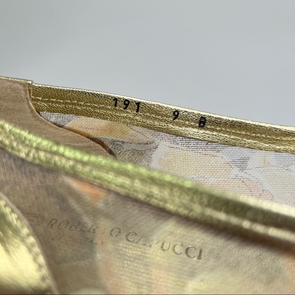 VINTAGE Roberto Capucci Gold Floral Embroidered Metallic Espadrille Wedges Shoes - Picture 10 of 13